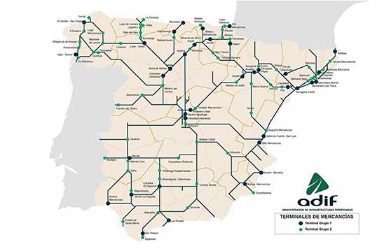 Mapa de terminales de mercancías de Adif repartidas por el territorio español